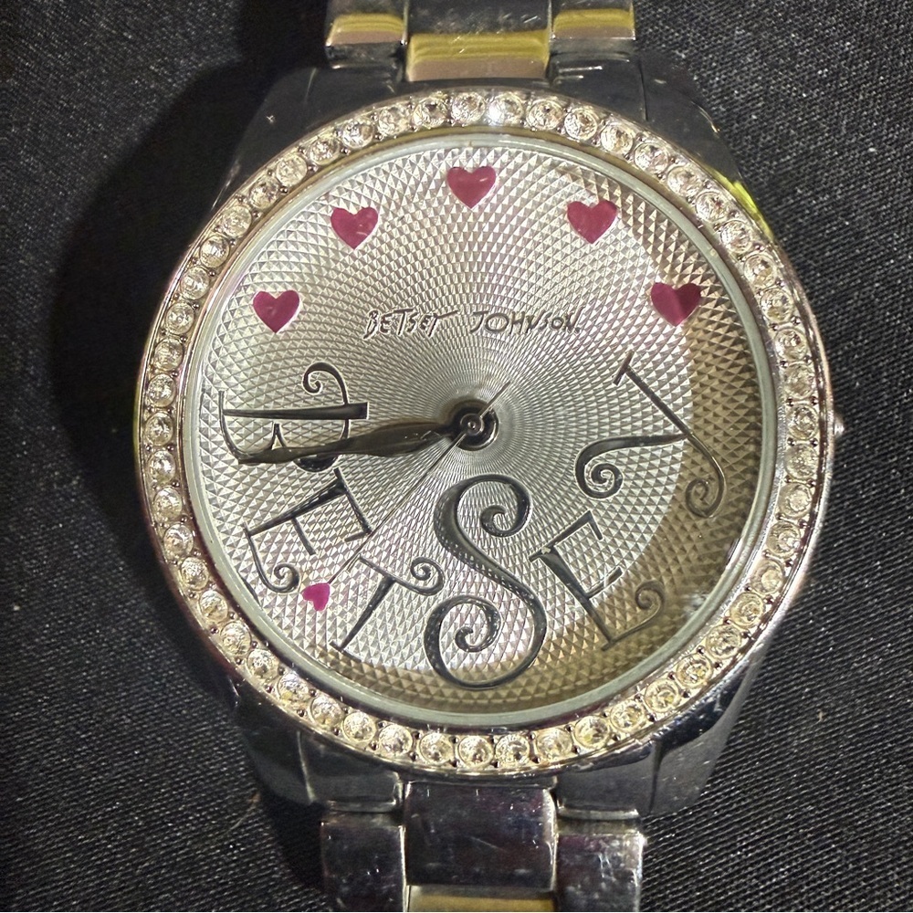 Betsey Johnson Silver Watch with Pink Heart Accents